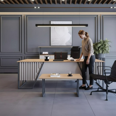 Hell Gro Büro Ariichtung Büro Miwwel Set Dësch Schreibtisch Schaf 3tlg