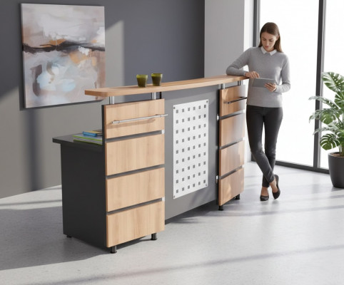 Modern Empfangstresen mat Kommod aus groem Holz Büromiwwel nei