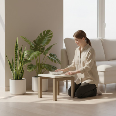 Moderne kleng Dësch Quadrateschen Oflagedësch Design Holzmëttelstécker Möbelstéck