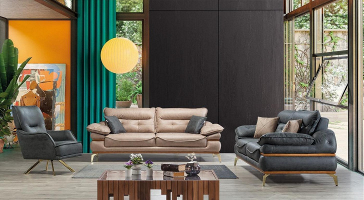 Modern Designer gro Wunnzëmmer mat 3-Sëtz-Sofa an engem neie Fauteuil.