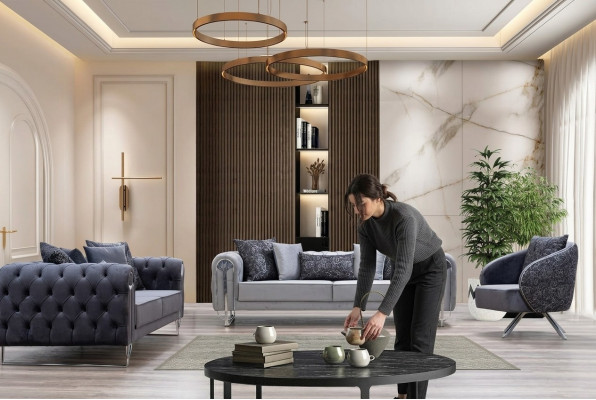 Modern bequeem Wunnzëmmersmiwwelen zwee Dräi-Sëtzer-Sofaen an 1 Een-Sëtzer Fotell