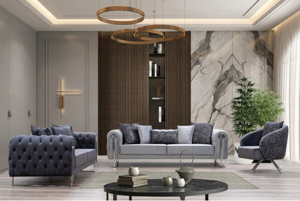 Modern bequeem Wunnzëmmersmiwwelen zwee Dräi-Sëtzer-Sofaen an 1 Een-Sëtzer Fotell