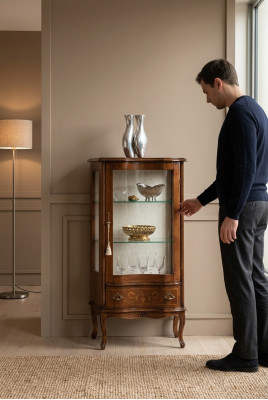 Klassesch Holzglasvitrin Luxus Wunnzëmmer Designer Glasvitrin Miwwelen