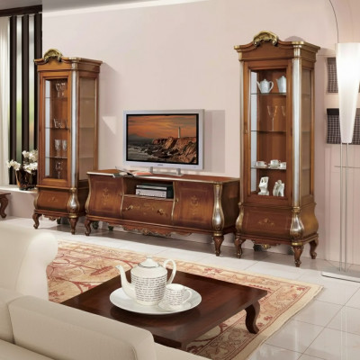 Klassesch Wunnzëmmerwand RTV 2x Vitrinnen Massivholz Miwwelen TV-Regal Nei