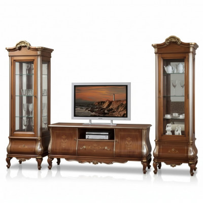 Klassesch Wunnzëmmerwand RTV 2x Vitrinnen Massivholz Miwwelen TV-Regal Nei