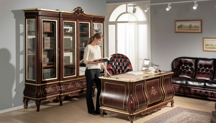 Klassesch Büro Ariichtung Schreifdësch Bicherregal 4 Deeler Holzmöbel