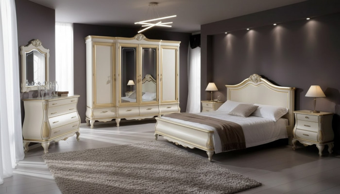 Schlofkummer Set Bett 2x Nuetsdëscher Schaf Kleederschaf Kommode Spigel