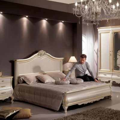 Holz Duebelbett Luxus Design Schlofzëmmermiwwelen Klassesch Beige