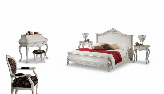 Wäiss Schlofzëmmer Miwwelen 2x Nuetsdëscher Schminkdësch Modern Bett 4-Deelenset