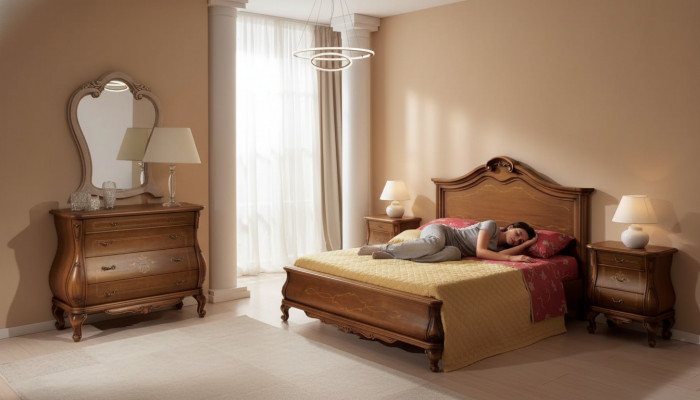 Brongen Schlofzëmmer Set Bett 2x Nuetsdëscher Kommode Spigel Klassesch