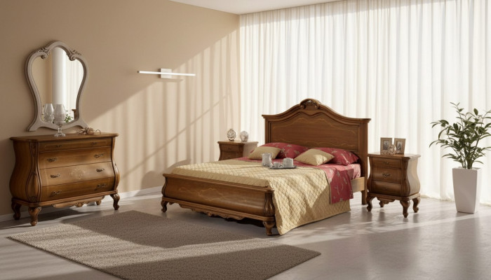 Brongen Schlofzëmmer Set Bett 2x Nuetsdëscher Kommode Spigel Klassesch