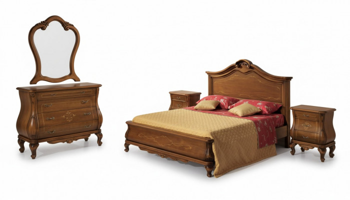 Brongen Schlofzëmmer Set Bett 2x Nuetsdëscher Kommode Spigel Klassesch