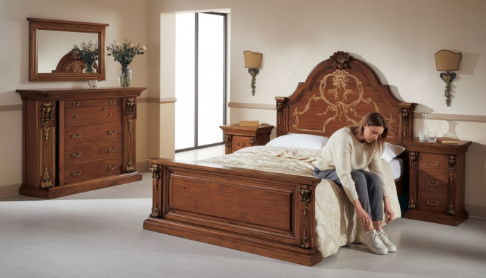 Klassescht brong Schlofzëmmer Set Bett 2x Nuetsdëscher Kommoden Set 5 Deeler