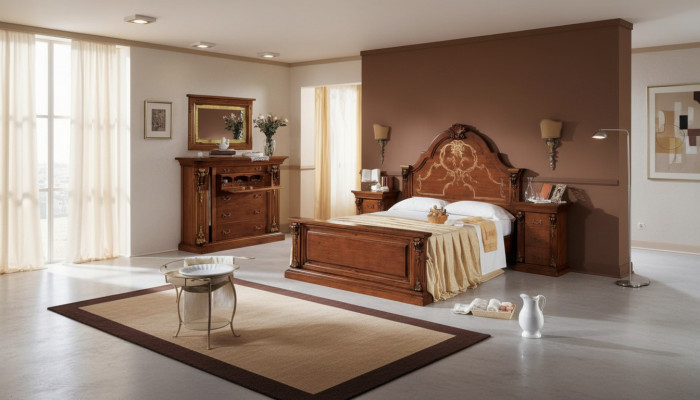 Klassescht brong Schlofzëmmer Set Bett 2x Nuetsdëscher Kommoden Set 5 Deeler