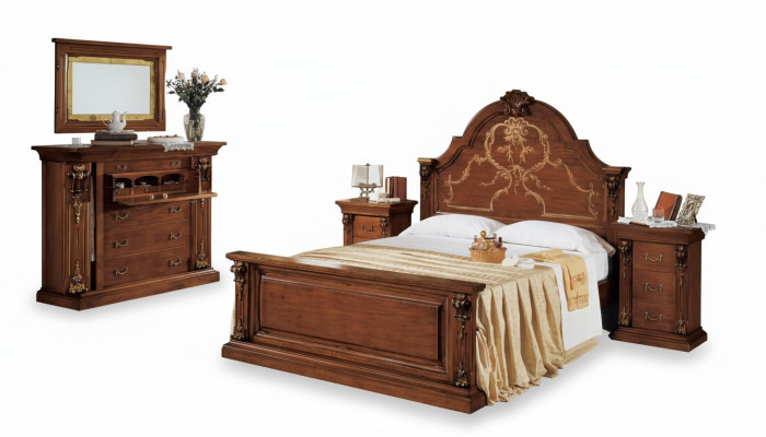 Klassescht brong Schlofzëmmer Set Bett 2x Nuetsdëscher Kommoden Set 5 Deeler