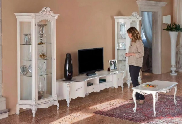 Wäiss Wunnzëmmer Wunnwand Luxus Miwwelen TV-Ständer 2x Vitrinnen Couchtisch