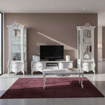 Wäisst Wunnzëmmer Set TV-Stänner Couchtisch 2x Vitrine Luxus Holzmiwwelen