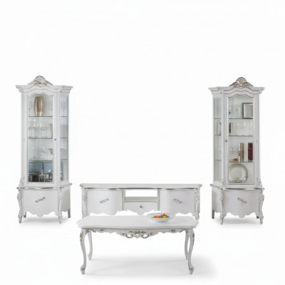 Wäisst Wunnzëmmer Set TV-Stänner Couchtisch 2x Vitrine Luxus Holzmiwwelen
