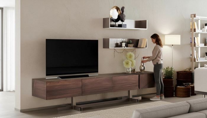 Luxuriéisen TV-Schaf am modernen Stil aus strapazéierbaren Holz.