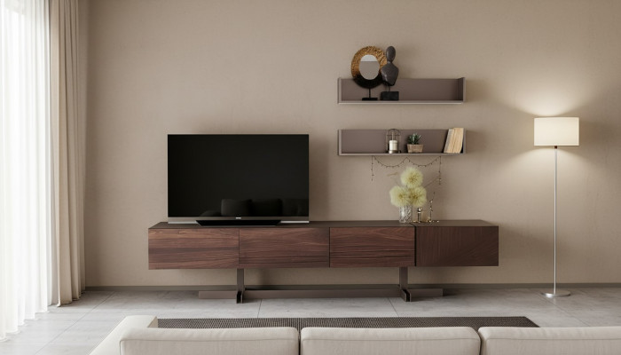 Luxuriéisen TV-Schaf am modernen Stil aus strapazéierbaren Holz.