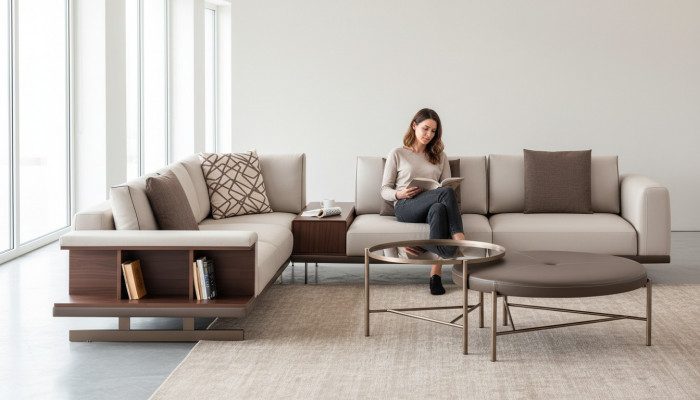 Modern beige Eckcouch Luxus L-fërmeg Couch Stoffssofaren Wunnzëmmertubakfen
