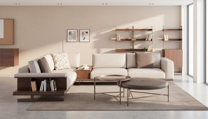 Modern beige Eckcouch Luxus L-fërmeg Couch Stoffssofaren Wunnzëmmertubakfen