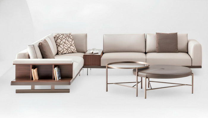 Modern beige Eckcouch Luxus L-fërmeg Couch Stoffssofaren Wunnzëmmertubakfen