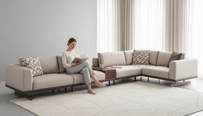 Grousst Ecksofa Stoffmiwwelen L-Form Couchen Sofas Beige Wunnzëmmermiwwelen