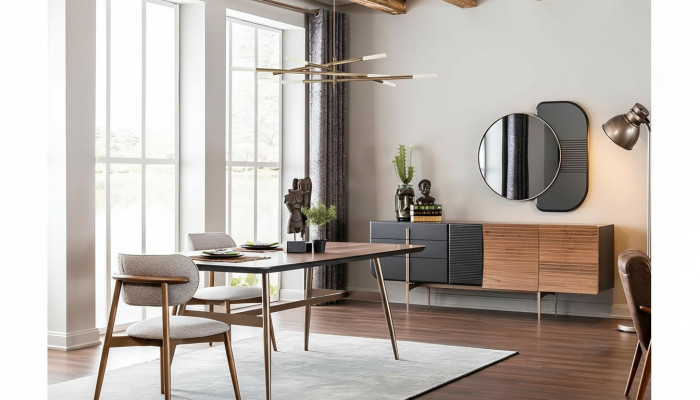 Iessgrupp Iesszëmmer Iessdësch Still Sideboard Set 7-delig Holz Braun Nei