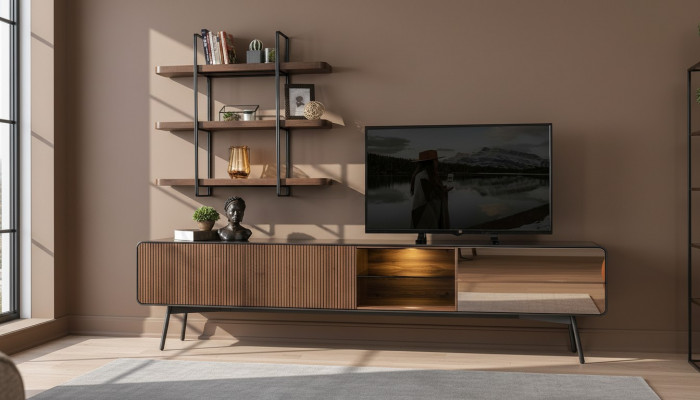 rtv Lowboard Fernsehstänner Regal Säitendësch Wunnzëmmer Holz brong Modern