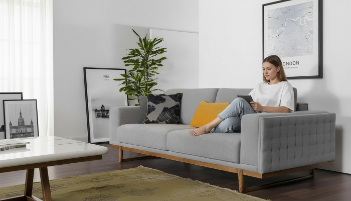 Dräisëtzer Sofa 3 Sëtzer Stoffsoda Sofas Modern Grau Stoff Couch Nei