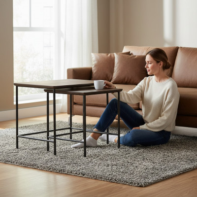 Luxus Säitentëscher Kaffisdësch Modern Holz Dëscheset Komplett Set Braun Nei