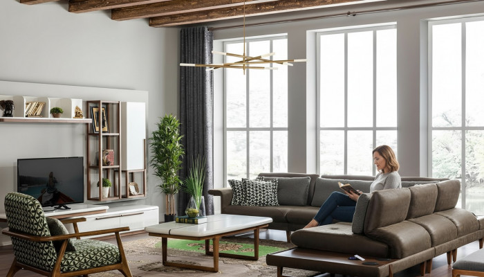 Wunnzëmmer Set Luxus Miwwelen L-Form Sofa Fautteuil Textil Miwwelen Set Nei