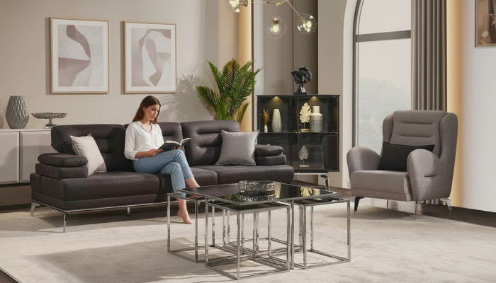 Sofagarnitur 3+1 Sëtzer Garnituren Sofa Fauteuil Stoff Schwaarz Modern Set