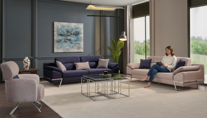 Luxus Sofagarnitur 331 Sëtzer Dräisëtzer Sofa Fotell Stoff Blo Modern