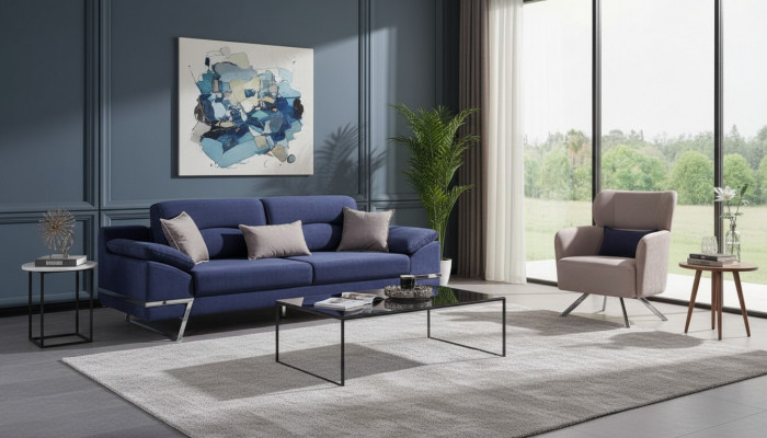 Luxus Sofagarnitur 331 Sëtzer Dräisëtzer Sofa Fotell Stoff Blo Modern