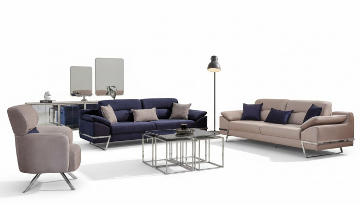 Luxus Sofagarnitur 331 Sëtzer Dräisëtzer Sofa Fotell Stoff Blo Modern