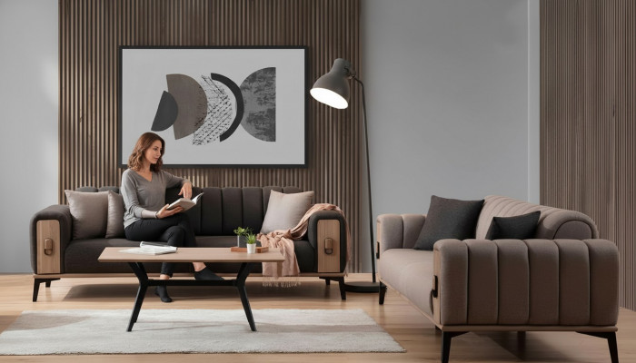 Brong Couchegarnitur 2x Drësëtzer Luxus Set Miwwelen Sofas Couche Holzgestell