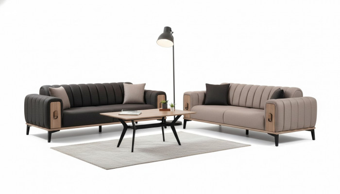 Brong Couchegarnitur 2x Drësëtzer Luxus Set Miwwelen Sofas Couche Holzgestell