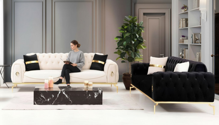 Luxus Chesterfield Canapé-Garnitur Sëtzgrupp Dräisëtzer Schwaarz 3+3 Sëtz
