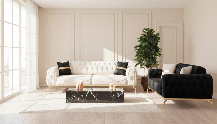 Luxus Chesterfield Canapé-Garnitur Sëtzgrupp Dräisëtzer Schwaarz 3+3 Sëtz