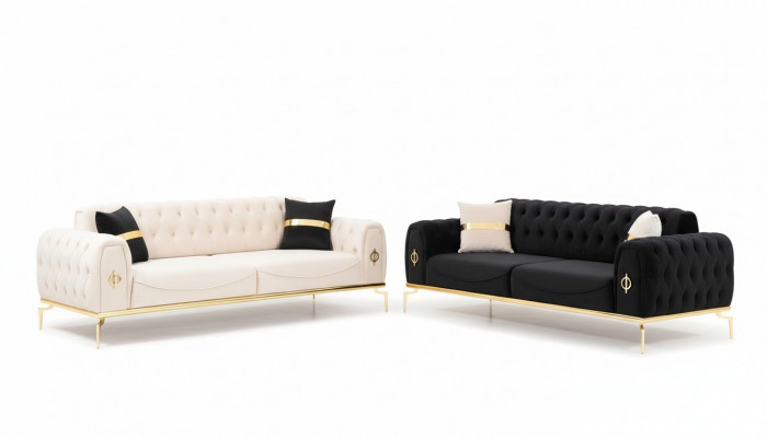 Luxus Chesterfield Canapé-Garnitur Sëtzgrupp Dräisëtzer Schwaarz 3+3 Sëtz