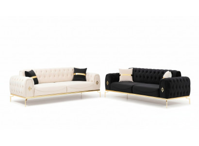 Luxus Chesterfield Canapé-Garnitur Sëtzgrupp Dräisëtzer Schwaarz 3+3 Sëtz