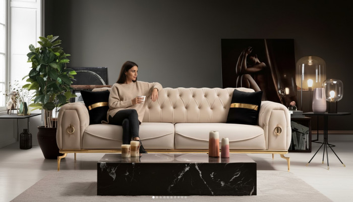 Modern Chesterfield Canapé Drësëtz Stoffmiwwel Edelstolmiwwel Couch
