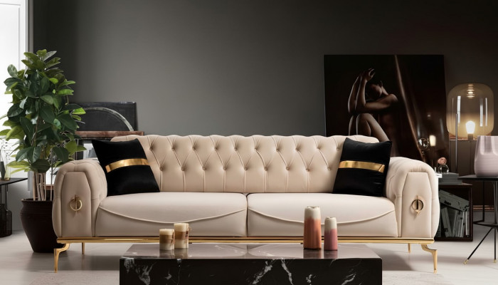 Modern Chesterfield Canapé Drësëtz Stoffmiwwel Edelstolmiwwel Couch