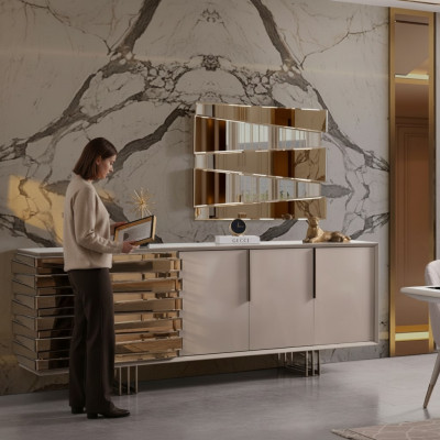 Anrichte Sideboard Kommode Holz Schaf Beige Gold Luxus Wunnzëmmer