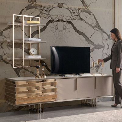 RTV Lowboard TV Ständer Sideboard Beige Gold Wunnzëmmer Set Regal Nei