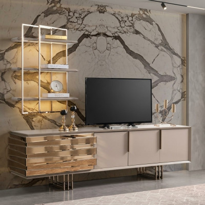 RTV Lowboard TV Ständer Sideboard Beige Gold Wunnzëmmer Set Regal Nei