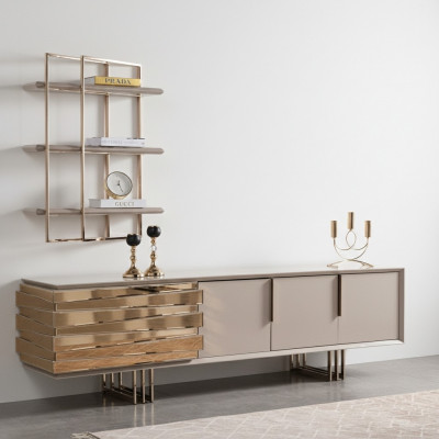 RTV Lowboard TV Ständer Sideboard Beige Gold Wunnzëmmer Set Regal Nei