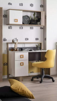 Schreifdësch Kannerzëmmer Set 3tlg Regal Computer Holz Sessel Giel Nei